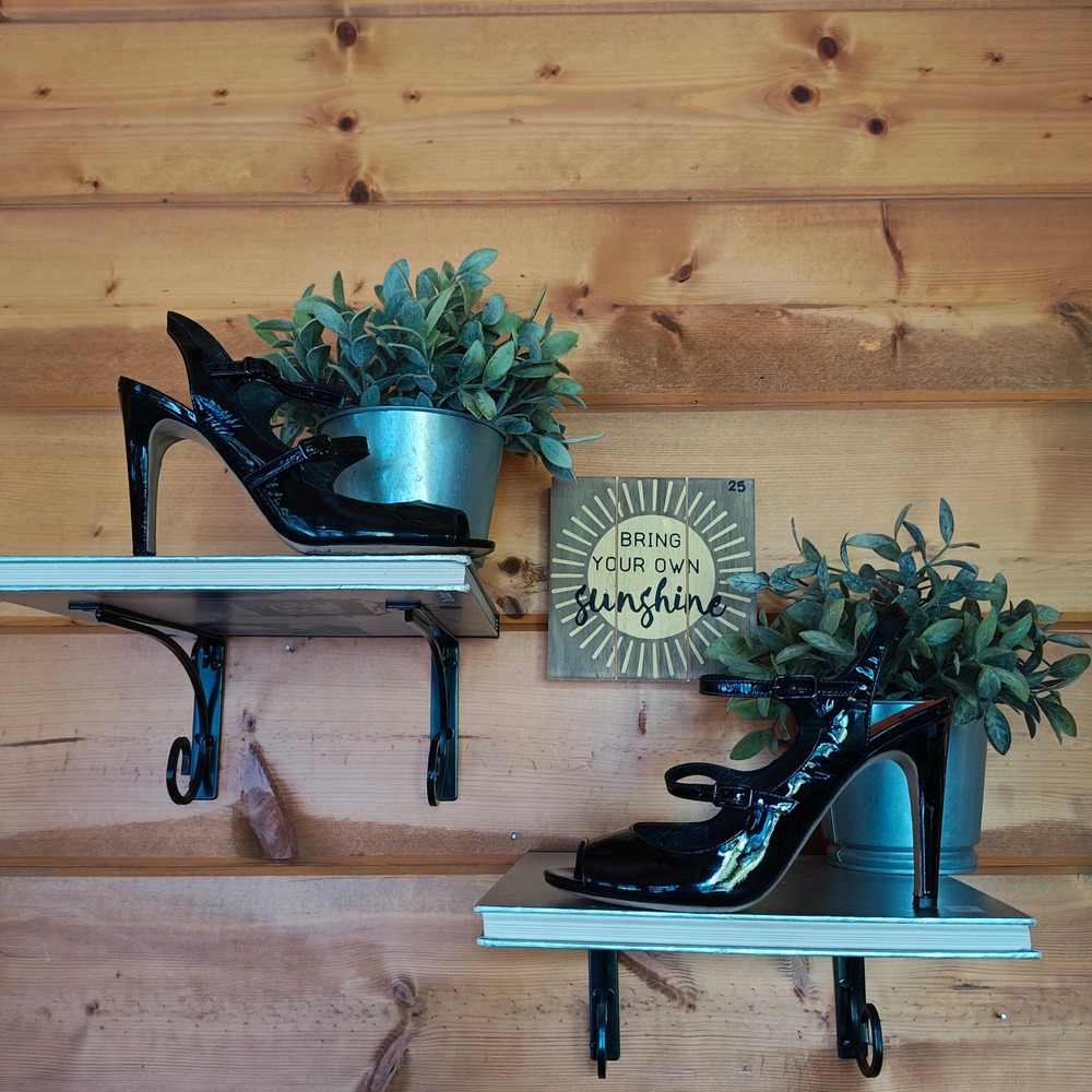Via Spiga‎ Roseanne Black Patent Leather Mary Jane Peep Toe Heel Sandals Sz 6.5M